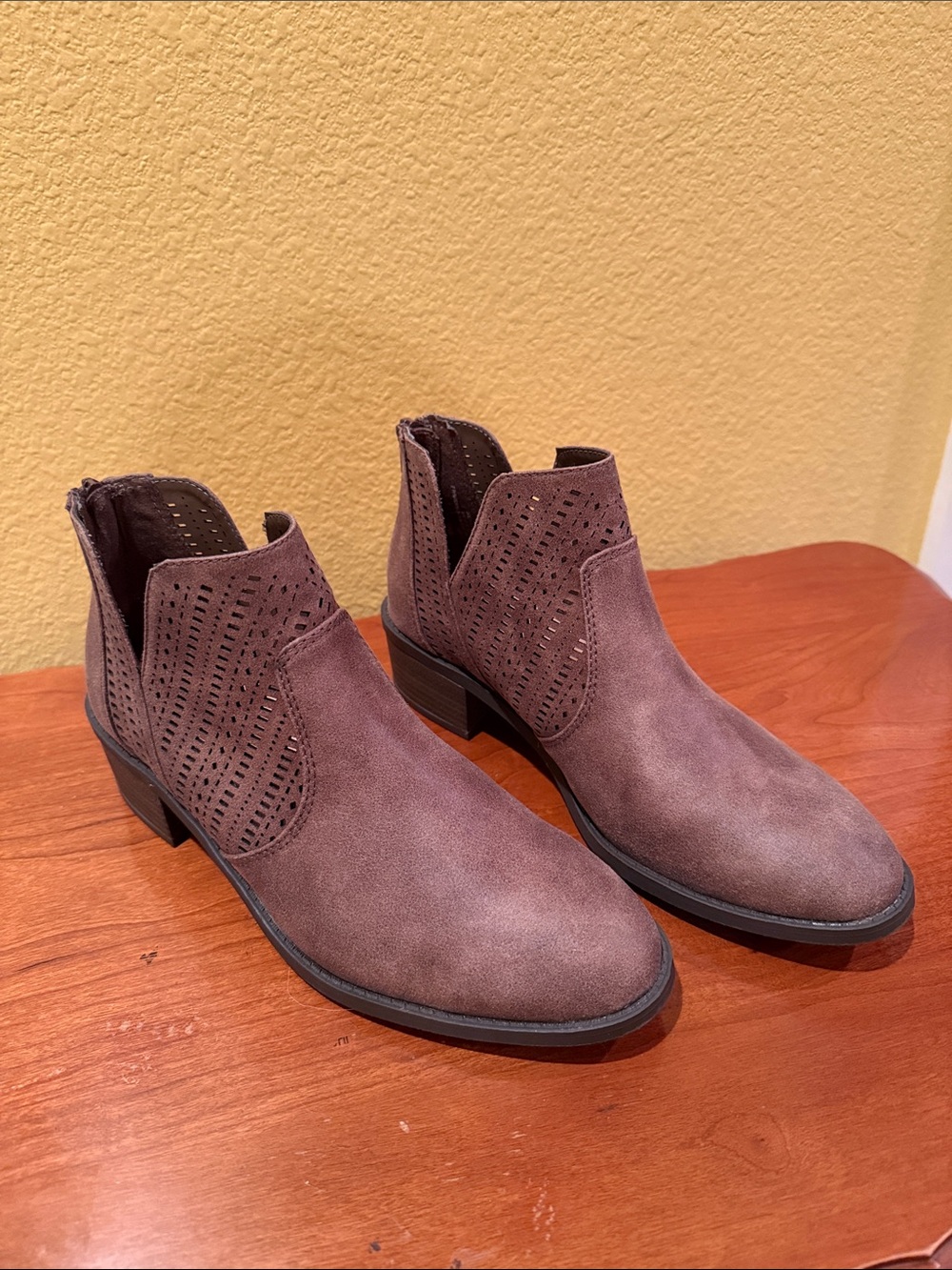 new directions Brown Faux Leather Perforated Ankle Booties